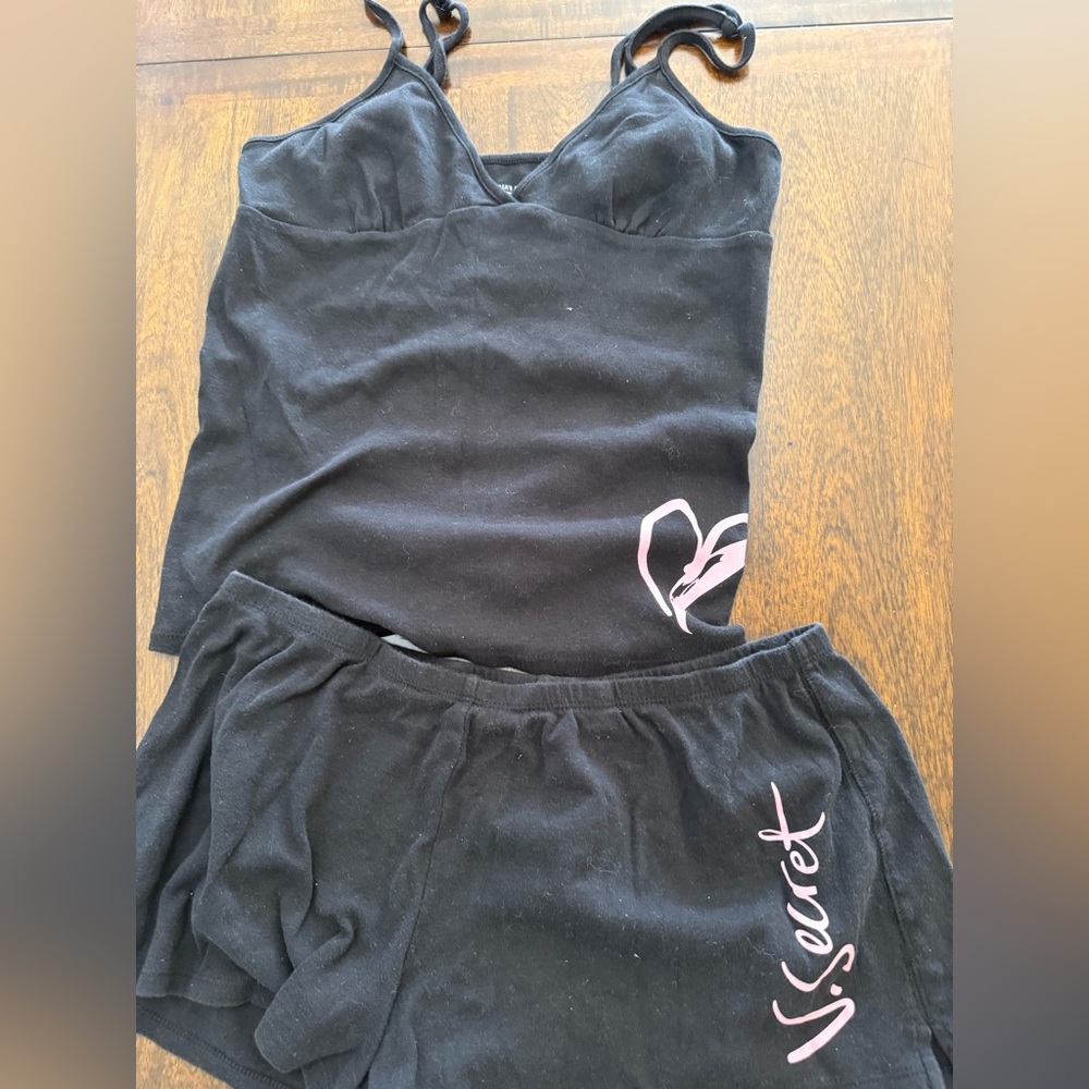 Victoria's Secret Black Cami & Shorts Pajama Set with Pink Accents